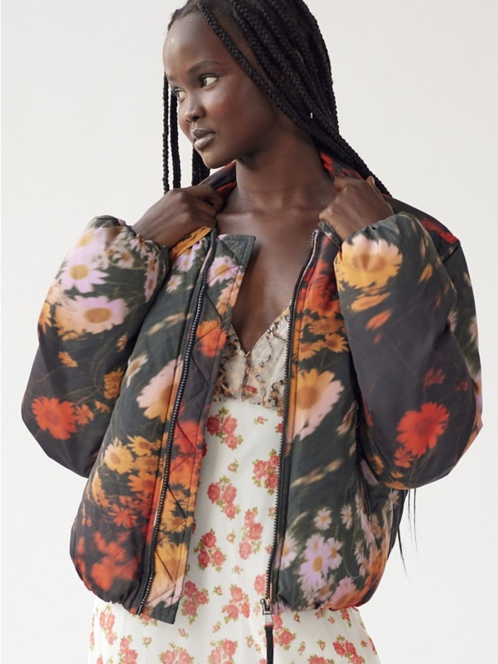 Urban Outfitters Bestie Womens Floral Puffer Jacket in Black, Orange & Red